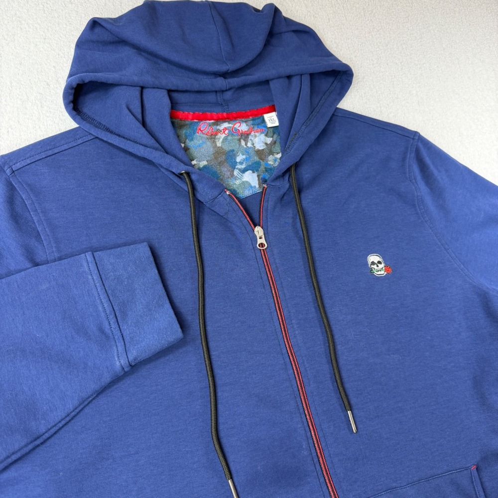 Robert Graham Mens Blue Full Zip Skull Rose Hoodie Sweatshirt 3XL Camo Trim